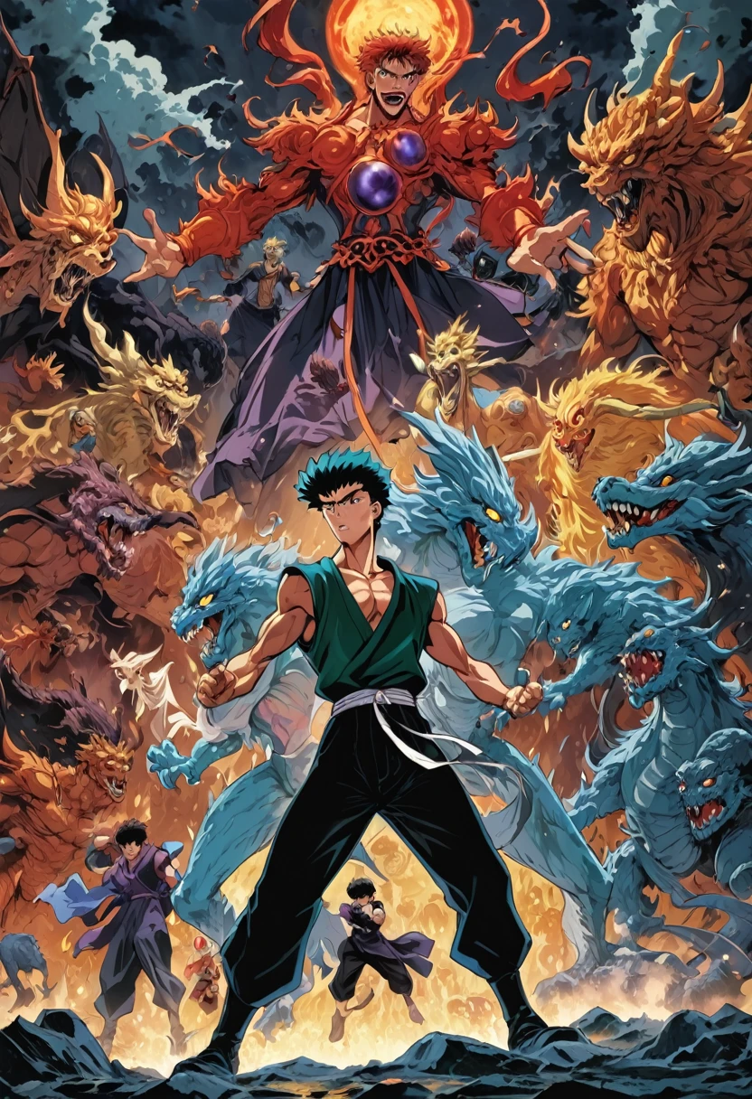 90s Cartoon art style, "Yu Yu Hakusho", Youzhu and his companions travel to the underworld, facing various forms of monsters and preparing to engage in a life and death battle, surrounded by a dark and mysterious atmosphere, best quality, masterpiece, very aesthetic, perfect composition, intricate details, ultra-detailed