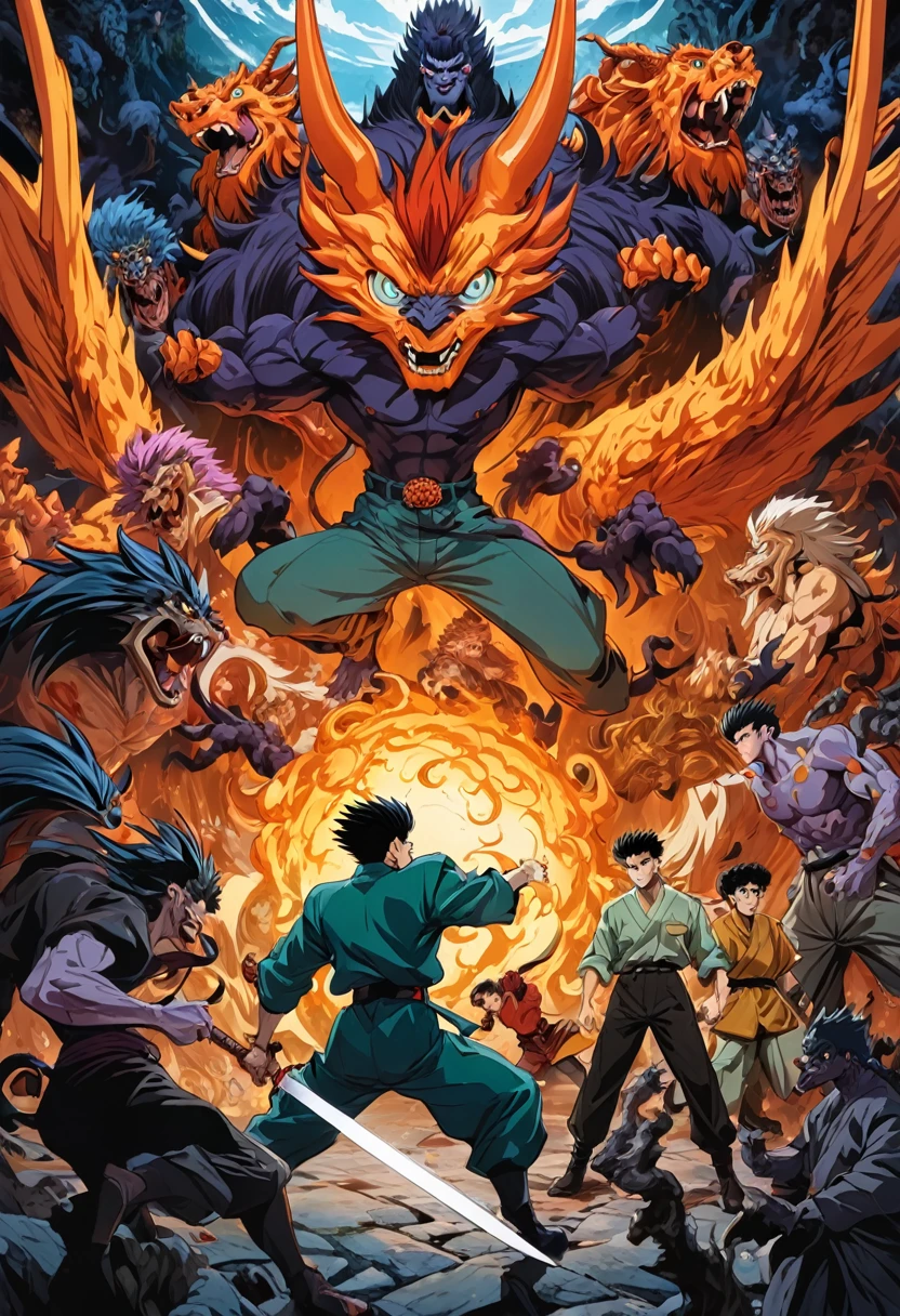 90s Cartoon art style, "Yu Yu Hakusho", Youzhu and his companions travel to the underworld, facing various forms of monsters and preparing to engage in a life and death battle, surrounded by a dark and mysterious atmosphere, best quality, masterpiece, very aesthetic, perfect composition, intricate details, ultra-detailed