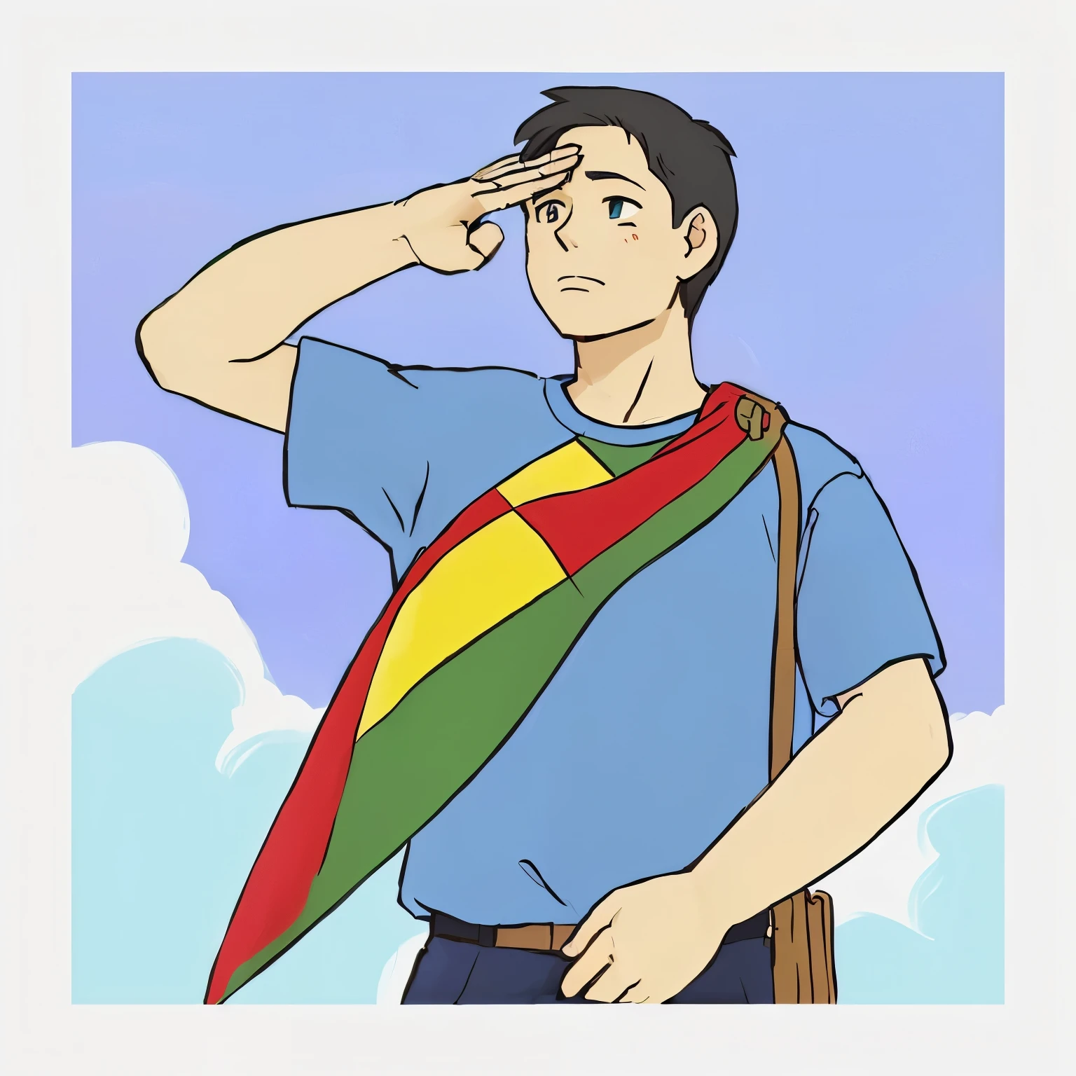 cartoon of a man saluting with a flag in red, green and yellow colors, inspired by Taiyō Matsumoto, saluting, inspired by Junpei Satoh, in the artistic style of quetzecoatl, illustration from wikihow, official fanart, looking proudly into the distance, harry volk style clip art, flag on the right shoulder, with four fingers stretched across the forehead saluting.