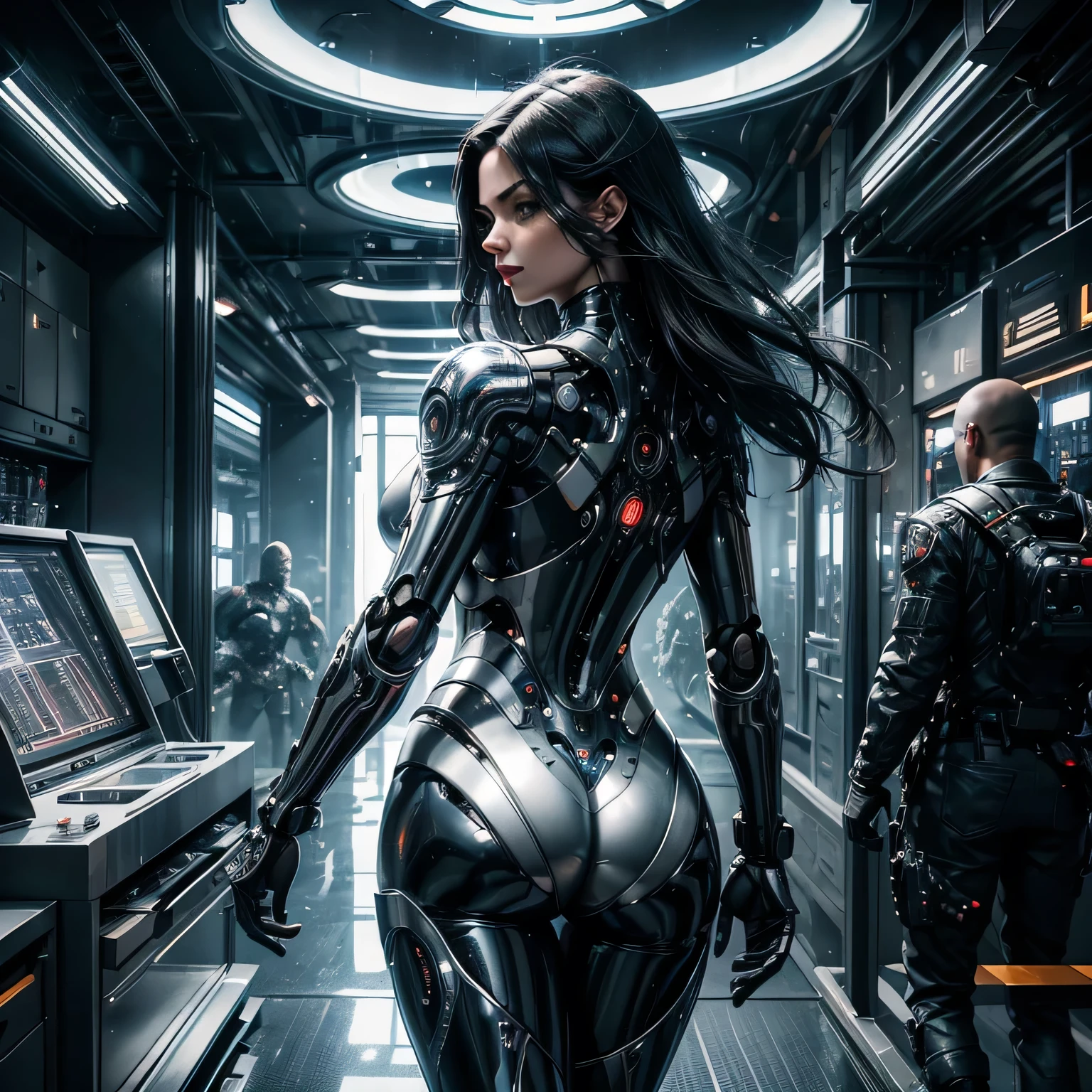 a robotic woman, a perfect female robotic body, highly detailed, realistic, 4k, 8k, hyperrealistic, photorealistic, cinematic lighting, dramatic lighting, volumetric lighting, glowing eyes, metallic skin, futuristic, sci-fi, intricate mechanical details, advanced technology, chrome, steel, sleek, minimalist, elegant, graceful, powerful, strong, confident, dynamic pose,(back view)