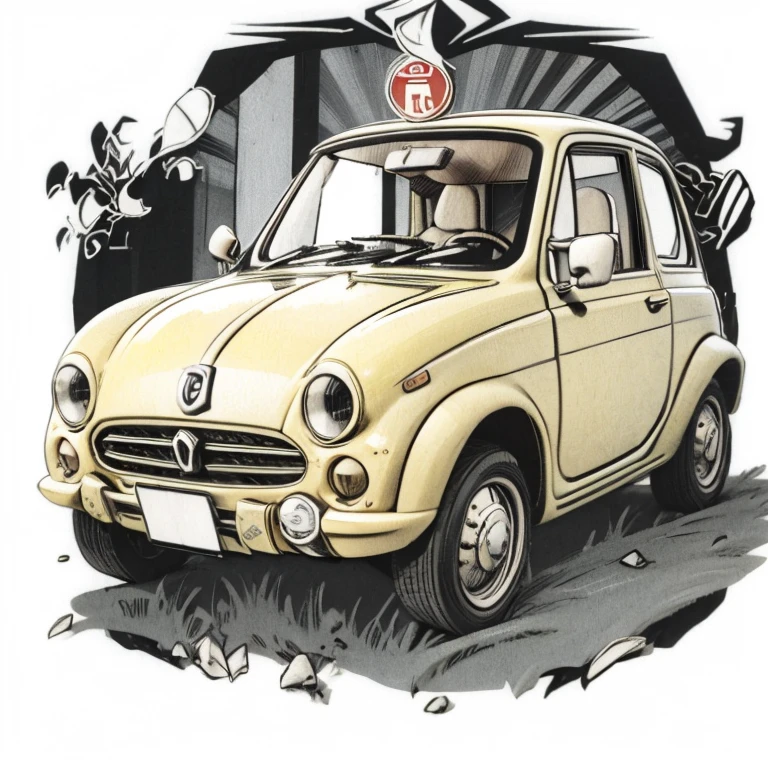 1970s、Fiat nuova 500(Cinquecento)、Light yellow、Italy、anime、whole Minimalist car logo sticker Minimalist car logo sticker、Just one、One-of-a-kind logo sticker、Cool