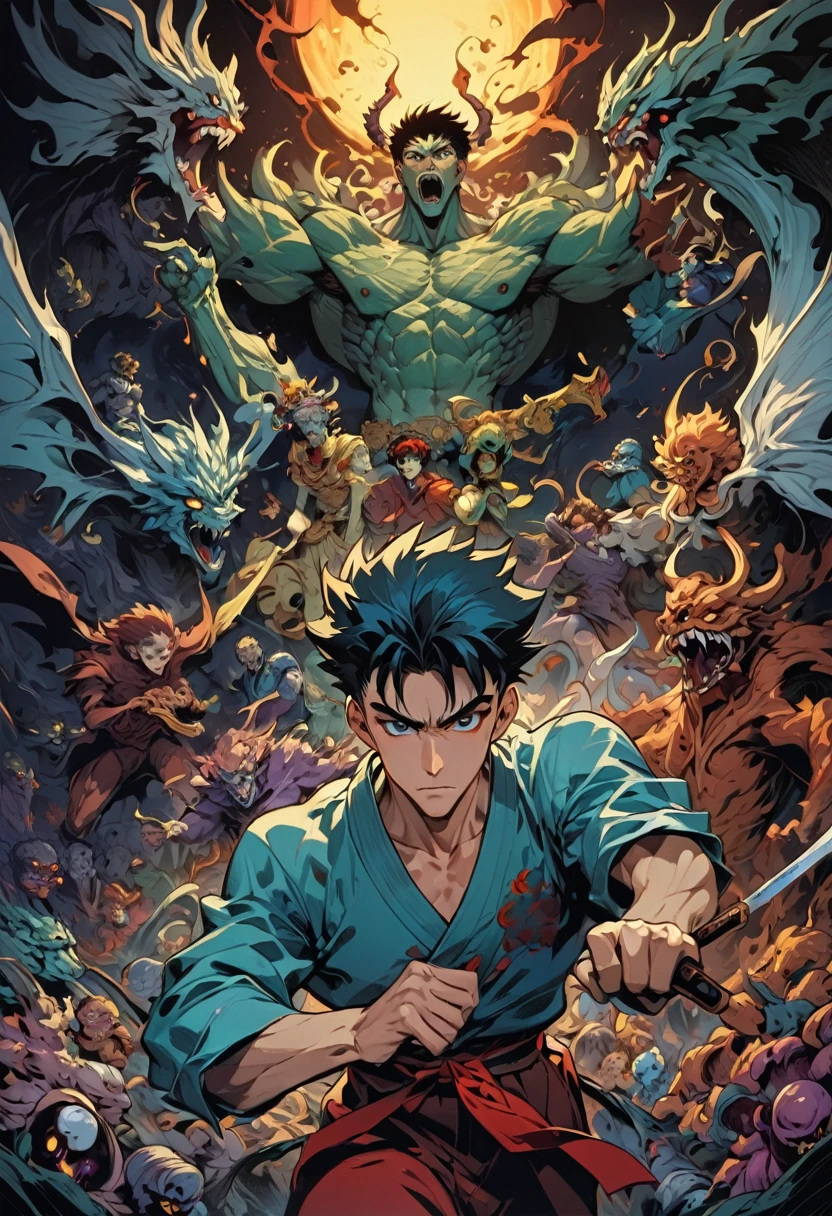 90s Cartoon art style, "Yu Yu Hakusho", Youzhu and his companions travel to the underworld, facing various forms of monsters and preparing to engage in a life and death battle, surrounded by a dark and mysterious atmosphere, best quality, masterpiece, very aesthetic, perfect composition, intricate details, ultra-detailed