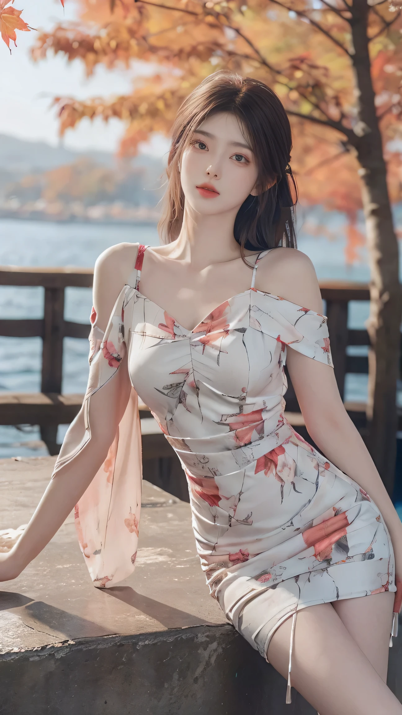 print dress, off shoulder,  fashi-girl. red lips, mature female, makeup, ((Random shooting angles)), (best quality, masterpiece:1.2), ultra-detailed, (realistic:1.37), beautiful, youthful, glamorous model with (detailed eyes, detailed lips, extremely detailed eyes), with white and floral colors, showcasing a radiant smile, slender figure, long legs, creating a breathtaking depiction of a girl enjoying the sunshine, Outdoor sports, the beach, on the pier, Warm tones, extremely high color saturation, official art, extremely detailed CG unified 8k wallpaper,(High dynamic range :1.4), (cinematic),(soft colors, dull colors, soothing tones :1.3), (natural skin texture, ultra-realistic, soft light, sharp),(very detailed), Evening, autumn, autumn maple leaves, professional lighting, leaning against the guardrail, looking into the distance