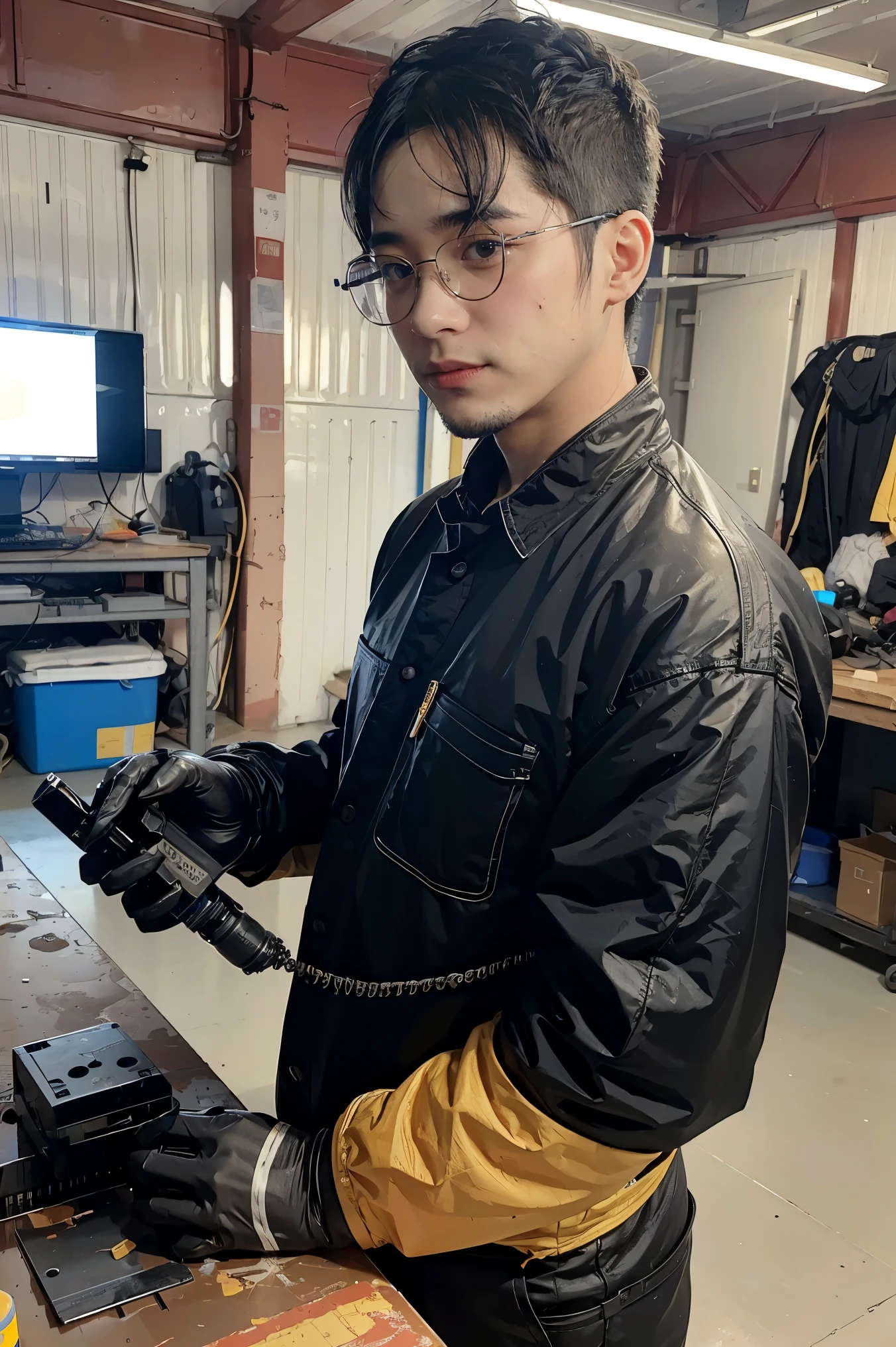 Absurd resolution, high resolution, (masterpiece: 1.4), hyper-detail, young man messy black short hair glasses welder dressed up, very technological robotic arm workbench