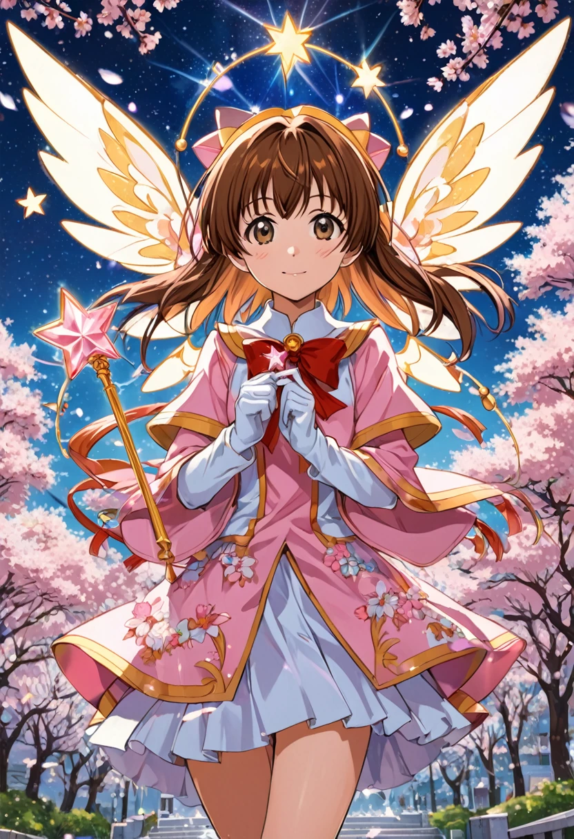 90s Cartoon art style, "Cardcaptor Sakura", Sakura Kishimoto, wearing magical clothing and holding a Star Wand, releases magical cards in the campus where cherry blossoms are dancing, surrounded by daily scenes that are temporarily frozen by magic, best quality, masterpiece, very aesthetic, perfect composition, intricate details, ultra-detailed