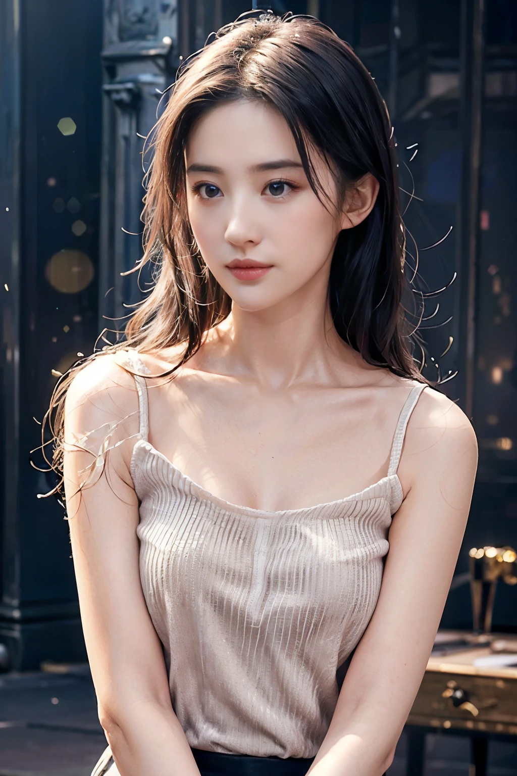 (skin scars:1.2), (skin dents), black eye, 1woman, , (((woman))), alone, realistic, highest quality, photorealistic, masterpiece, 8K, High resolution, alone, highly detailed face, (professional lighting, Bokeh), (particles of light, Lens flare, glowing particles:0.6), (dynamic pose:1.2), soft lighting, Angle seen from above, Fashionable and trendy atmosphere, Japan, (street:1), Tokyo, (city), river, ((at night)), null, ((looking at the viewer:1)), (look at the camera),(portrait:0.6), cowboy shot, nice, walk, Maintain original face proportions, wide shoulders, whole body, (Medium chest), (long hair), brown hair, floating hair, lips, lipstick, seductive smile, floating hair, (smile), (Open_mouth), teeth, Eye Ring, ((full nude)), mole, (mole under eye:1),
