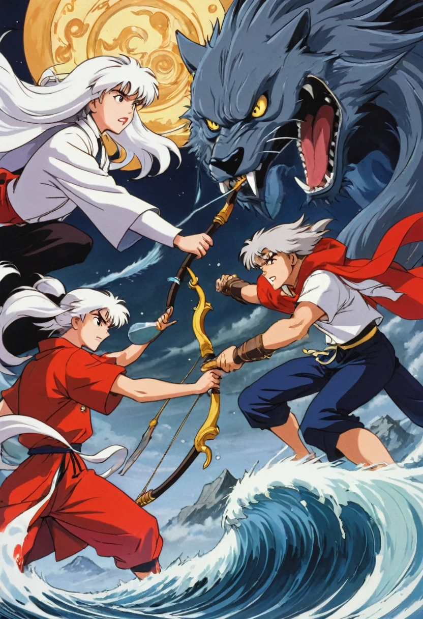 90s Cartoon art style, Inuyasha and Govi shuttle through the gates of time and space, entering the Warring States period. Faced with ancient monsters, Inuyasha waves his broken iron teeth, while Govi prepares to fire the purification arrow. The two fight back to back together, best quality, masterpiece, very aesthetic, perfect composition, intricate details, ultra-detailed
