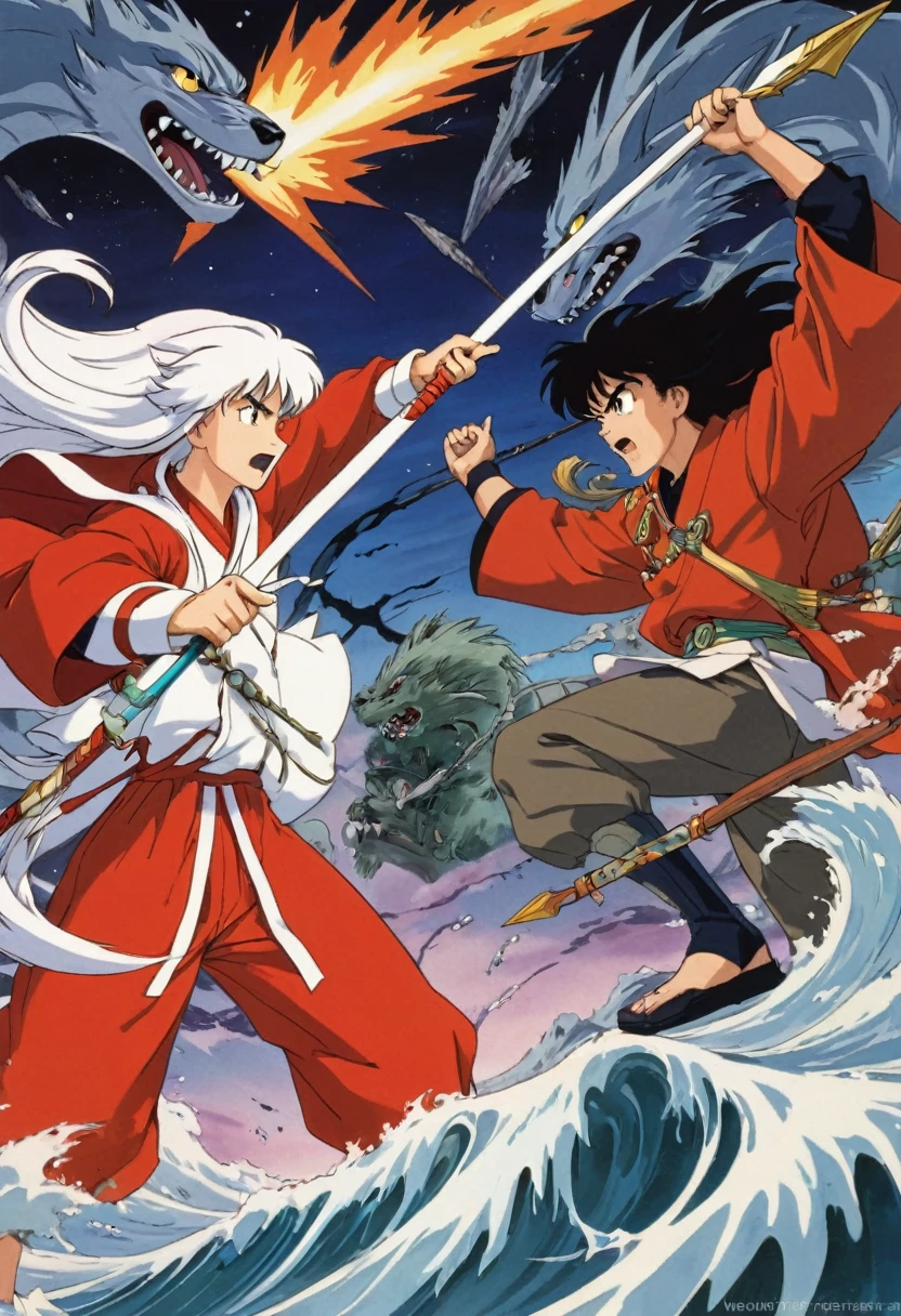 90s Cartoon art style, Inuyasha and Govi shuttle through the gates of time and space, entering the Warring States period. Faced with ancient monsters, Inuyasha waves his broken iron teeth, while Govi prepares to fire the purification arrow. The two fight back to back together, best quality, masterpiece, very aesthetic, perfect composition, intricate details, ultra-detailed
