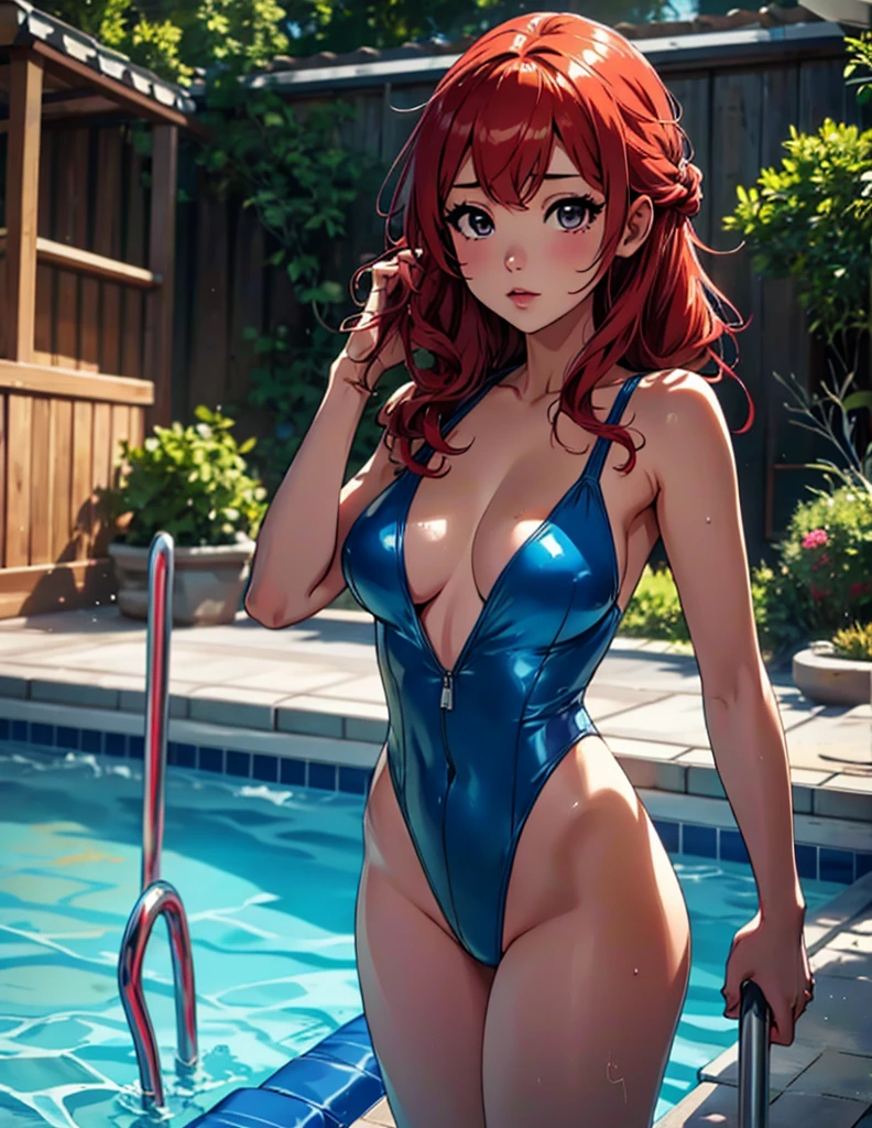 anime girl in a blue swimsuit holding a pole in a pool, grueso, al lado de una piscina, is wearing a swimsuit, en una piscina, swimsuit, marin kitagawa fan art, bikini realista, high resolution commission, en una piscina de lujo, nishimiya shouko, ella tiene un vientre redondo, gordo y ondulado, fanart de alta calidad