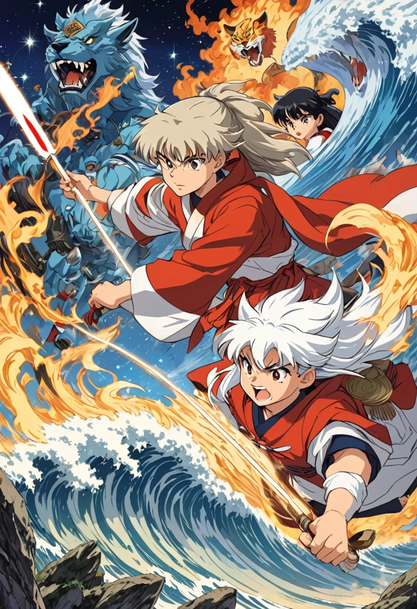 90s Cartoon art style, Inuyasha and Govi shuttle through the gates of time and space, entering the Warring States period. Faced with ancient monsters, Inuyasha waves his broken iron teeth, while Govi prepares to fire the purification arrow. The two fight back to back together, best quality, masterpiece, very aesthetic, perfect composition, intricate details, ultra-detailed