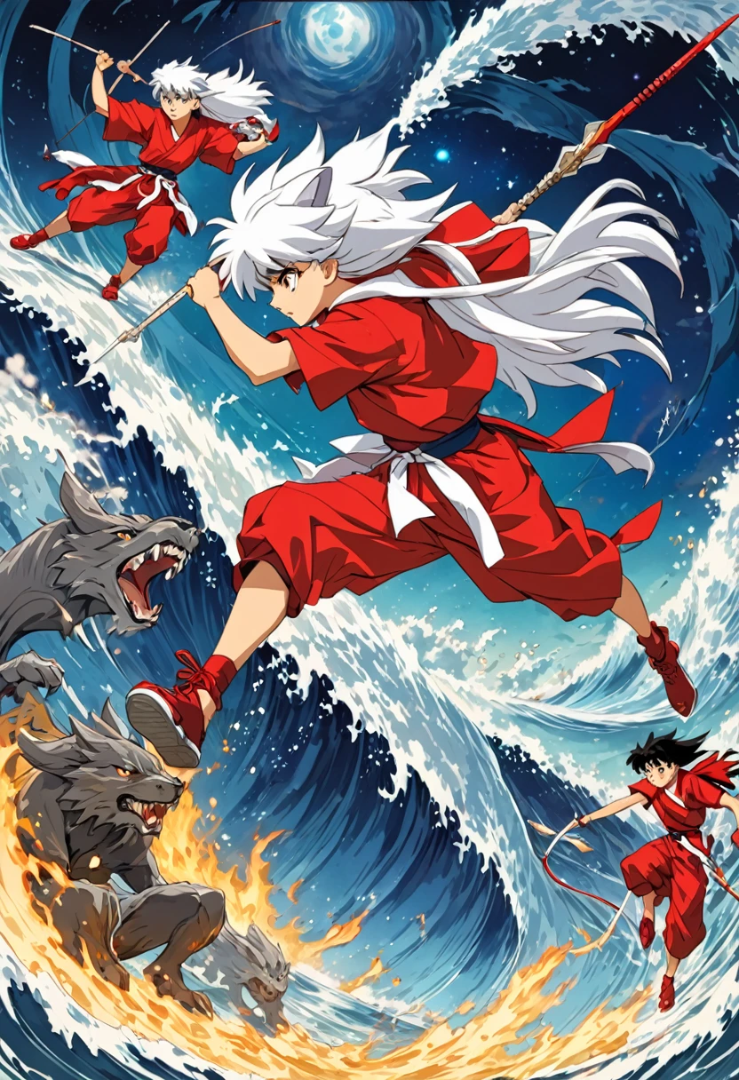 90s Cartoon art style, Inuyasha and Govi shuttle through the gates of time and space, entering the Warring States period. Faced with ancient monsters, Inuyasha waves his broken iron teeth, while Govi prepares to fire the purification arrow. The two fight back to back together, best quality, masterpiece, very aesthetic, perfect composition, intricate details, ultra-detailed