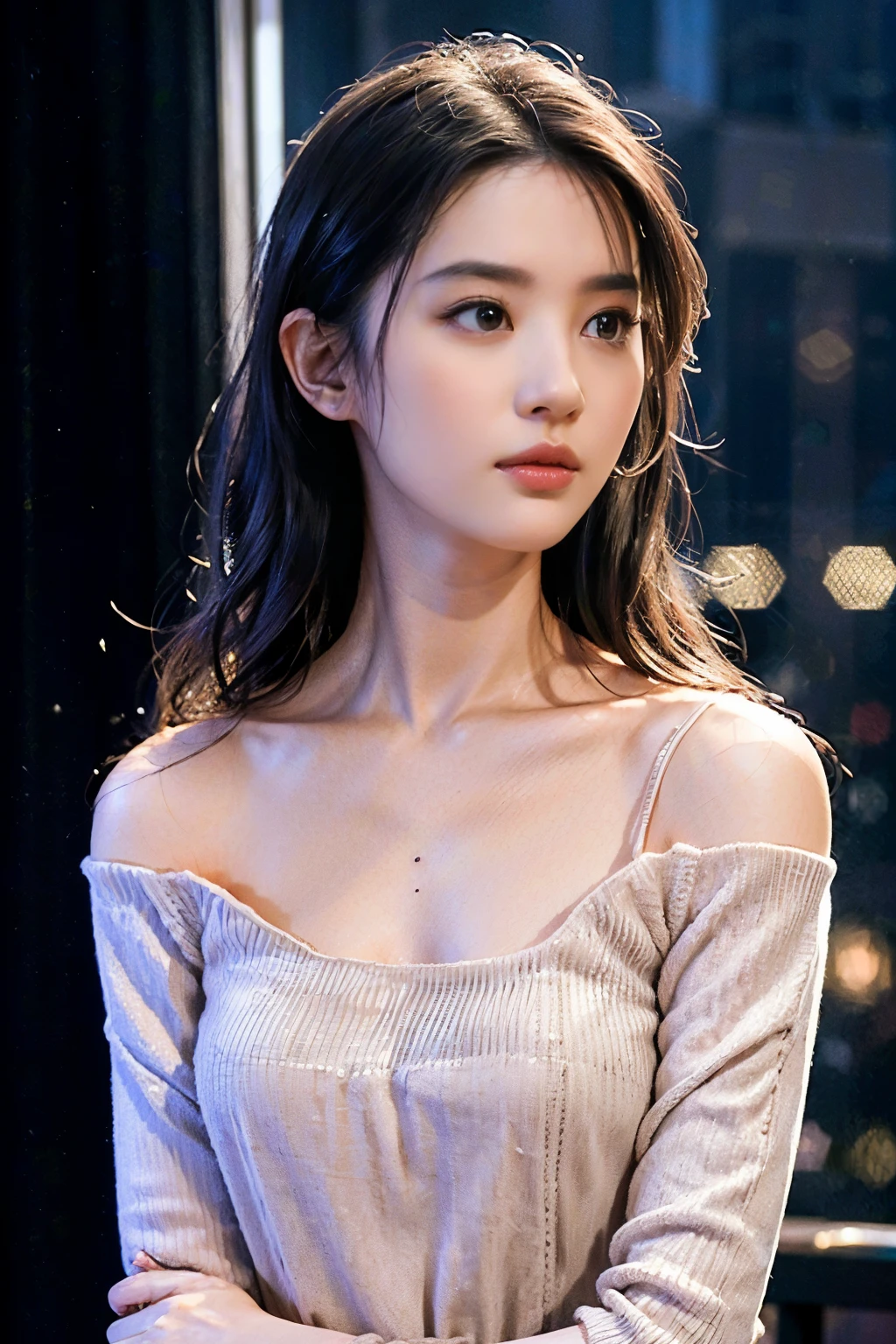 girl,(Wear a low-necked sweater:1.2),Shoulder leakage,Medium bust,whole body,(original photo, best quality), (Practical, Reality:1.4), masterpiece, extremely delicate and beautiful, Very detailed, 2k wallpaper, amazing, fine details, Very detailed Cg Unity 8K wallpaper, Super detailed, high resolution, soft Light, 美丽细致的girl, Very detailed eyes and face, Beautiful and delicate nose, Beautiful and delicate eyes,Light,of the night city,Perfect anatomical structure,slim body,A faint smile,(close up:1.1)