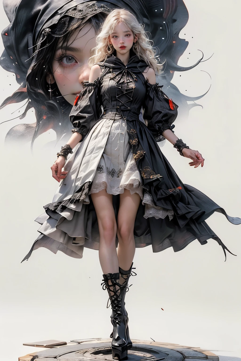 (((masterpiece, of the highest quality, super detailed))), hand drawn style, hand painted style, watercolour, sketch, a knight, white background, plain background, Bloodborne inspired, tatty Bloodborne attire, occult aesthetic, occult, tatty red and white clothing detailed and intricate steampunk and detailed gothic lolita (with a hood), long coat, very thin long legs, Complex laced boots, Fluttering lace flared dress with frilly petticoats, petticoats gothic lolita aesthetic, beautiful small breasts, (((flat chest:1.1))), (((( Highly detailed face))), small thin nose, Small thin lips mouth, (((Very sharp focused eyes))), Very large slit precision pale grey eyes that shine like jewels. ((dark hair)), ((long ponytail, thick ponytail, heavy ponytail)), very long eyelashes, white background, Very dramatic and cinematic lighting, tatty damaged old red and white clothing, full body, whole body, body, cosmic horror, grim dark, NSFW