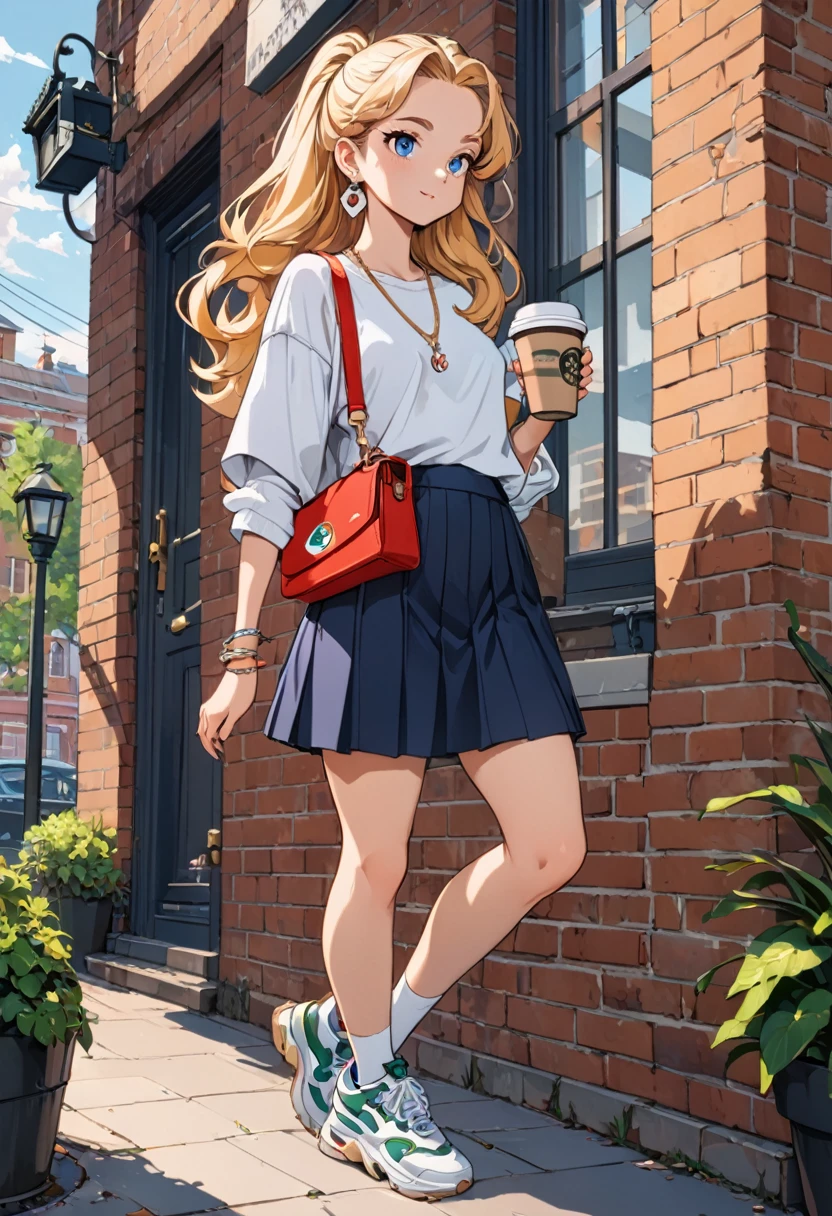 90s Cartoon art style, 1girl,earrings,necklace,bangle,blonde hair,multiple_colors football shirts,navy pleated skirt,white kneehighs,black classic sneakers,a luxury brand shoulder bag,holding to-go coffee cup,stand against the brick wall,full body,dynamic_angle,contour_deepening, best quality, masterpiece, very aesthetic, perfect composition, intricate details, ultra-detailed