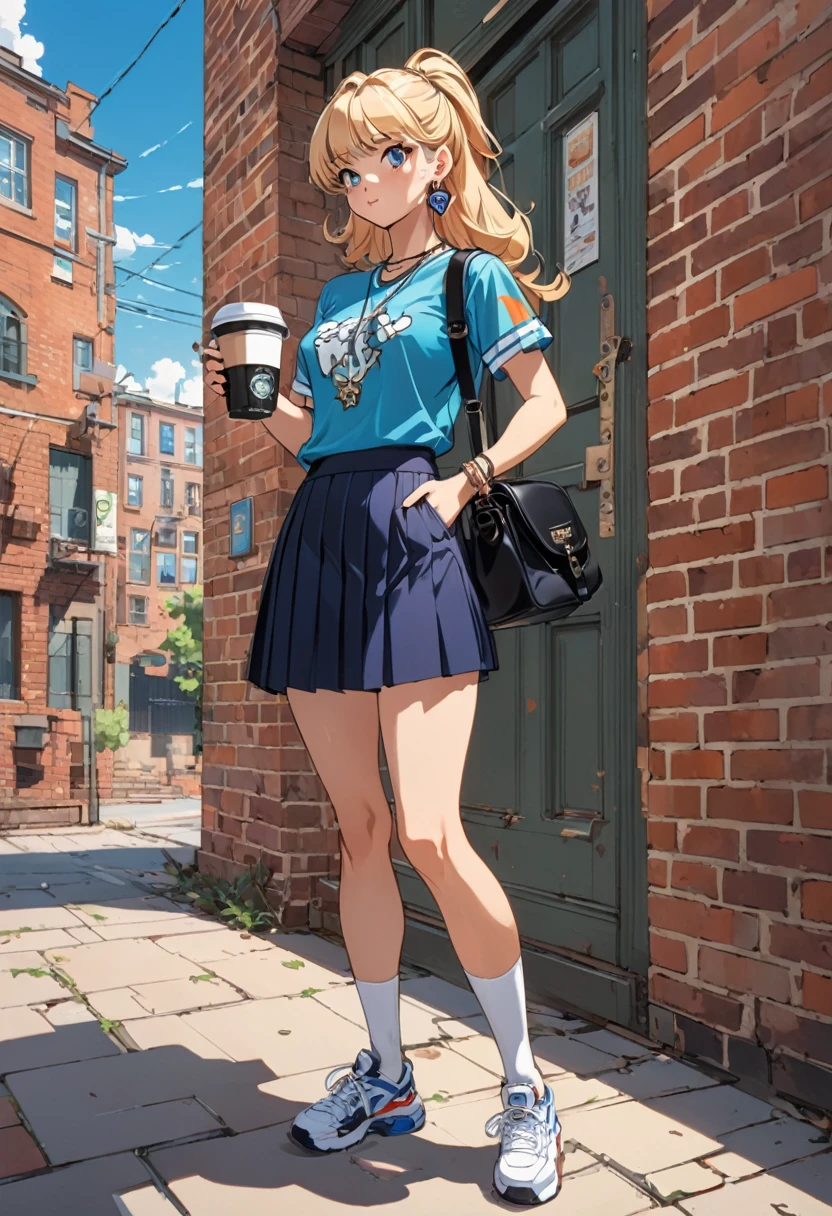 90s Cartoon art style, 1girl,earrings,necklace,bangle,blonde hair,multiple_colors football shirts,navy pleated skirt,white kneehighs,black classic sneakers,a luxury brand shoulder bag,holding to-go coffee cup,stand against the brick wall,full body,dynamic_angle,contour_deepening, best quality, masterpiece, very aesthetic, perfect composition, intricate details, ultra-detailed