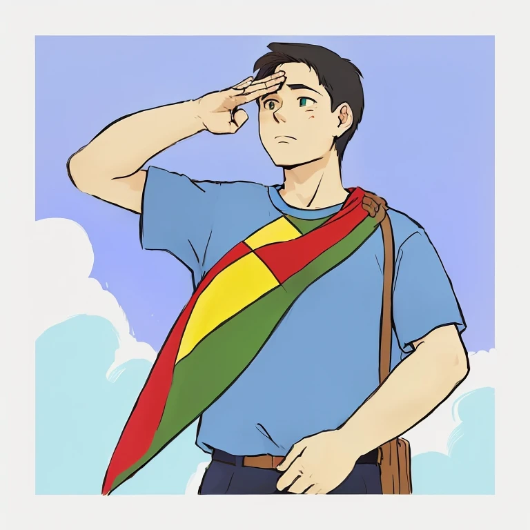 cartoon of a man saluting with a flag in red, green and yellow colors, inspired by Taiyō Matsumoto, saluting, inspired by Junpei Satoh, in the artistic style of quetzecoatl, illustration from wikihow, official fanart, looking proudly into the distance, harry volk style clip art, flag on the right shoulder, with four fingers stretched across the forehead saluting.