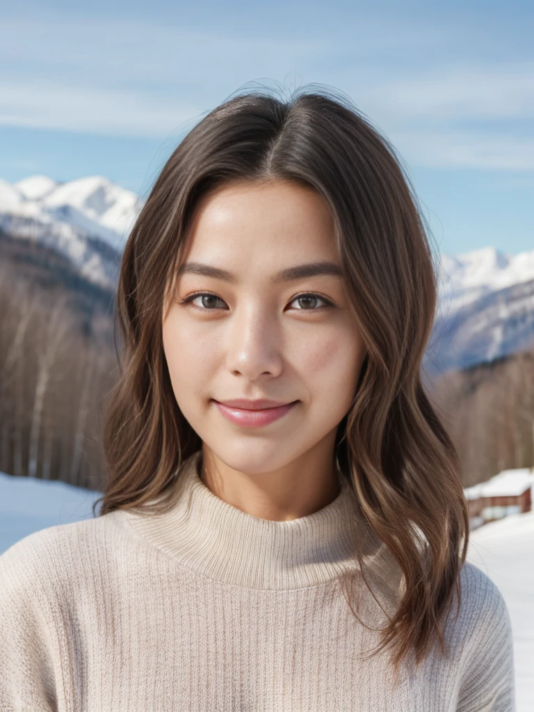 (masterpiece:1.35),(best-quality:1.4),8k,ultra-detailed,photography,(ultra-realistic:1.4), adult girl, very beautiful face, long hair, sweet eyes, beauty smile, (quite a bit body), sweater, ski resort background,