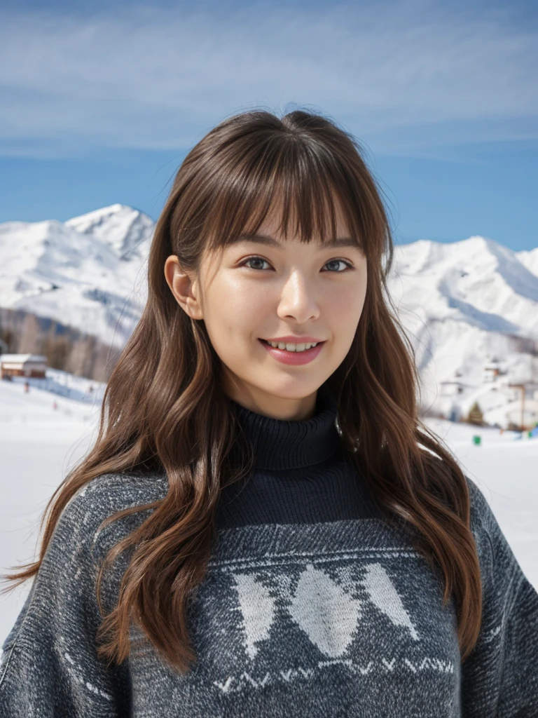 (masterpiece:1.35),(best-quality:1.4),8k,ultra-detailed,photography,(ultra-realistic:1.4), adult girl, very beautiful face, long hair, sweet eyes, beauty smile, (quite a bit body), sweater, ski resort background,