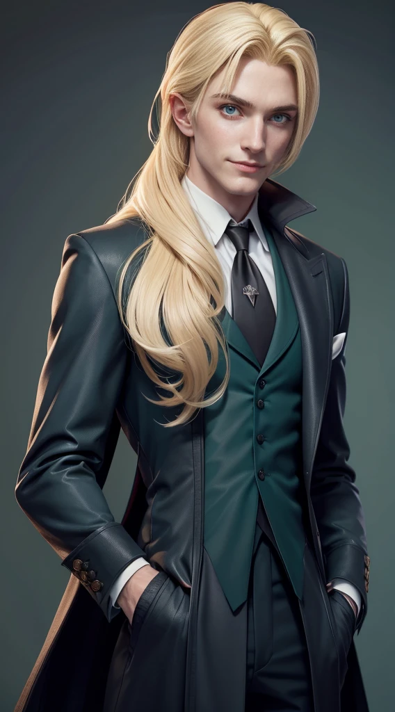 Lucjusz Malfoy, with neck length blonde hair!, wearing a suit ((man)) (male), perfect face, evil smile(1.2), insane, crazy, Black coat, black suit, one 50 years old male, blue eyes, green victorian shirt, green jabot, beautiful face, Pure blond straight hair, (long hair), Detailed hair, Blue Eyes, beautiful eyes, 8K image quality, Masterpiece