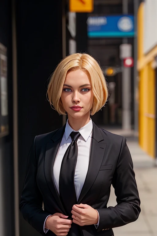 masterpiece, high quality, best quality, realistic, fine detail, formal black suit, black necktie, MIBSuit, white shirt, Black Suit, Black Jacket Coat, Formal Look, large breasts, (muscular female:0.8), portrait, upper body, blank background, Agent L, blue eyes, blonde hair, short hair, bob hair, black suit, black jacket, stealing a LAPD Police Uniform from a female officer and left her unconscious