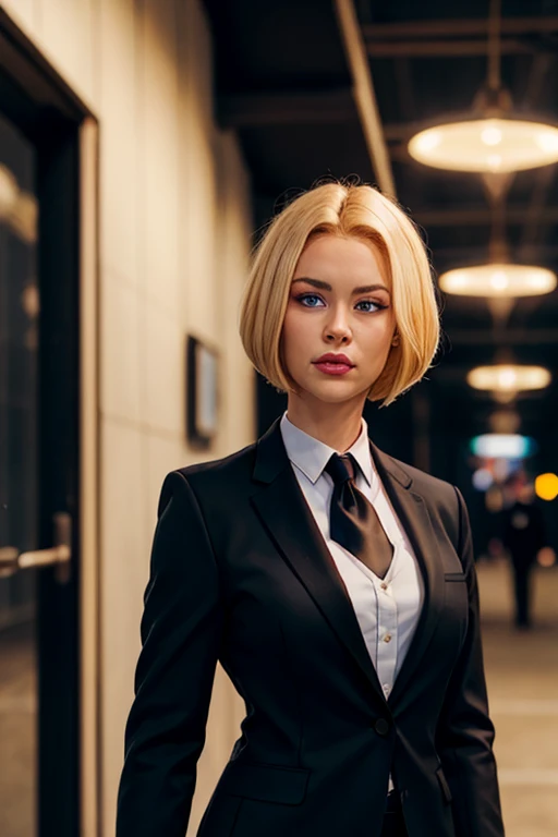 masterpiece, high quality, best quality, realistic, fine detail, formal black suit, black necktie, MIBSuit, white shirt, Black Suit, Black Jacket Coat, Formal Look, large breasts, (muscular female:0.8), portrait, upper body, blank background, Agent L, blue eyes, blonde hair, short hair, bob hair, black suit, black jacket, stealing a LAPD Police Uniform from a female officer and left her unconscious