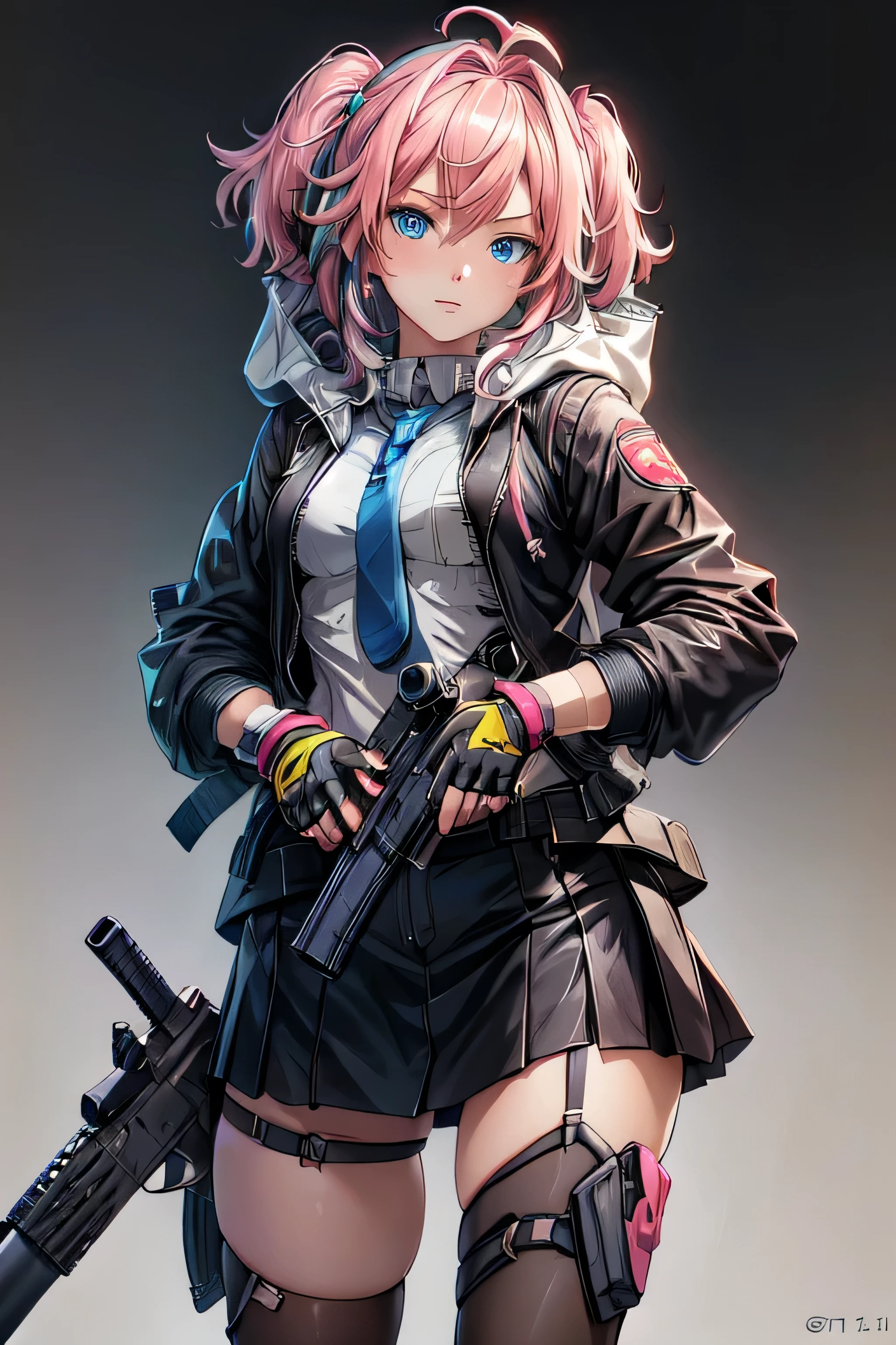 ((highest quality)), ((masterpiece)), (detailed), Perfect Face
(best quality),(masterpiece),(ultra detailed),(highres),production art,1girl, weapon, pink hair, gun, gloves, st ar-15 (girls' frontline), solo, fingerless gloves, rifle, ar-15, jacket, skirt, shell casing, long hair, hood, multicolored hair, holding weapon, holding, headphones, blue eyes, necktie, scope, black gloves, holding gun, suppressor, hooded jacket, one side up, thigh strap,