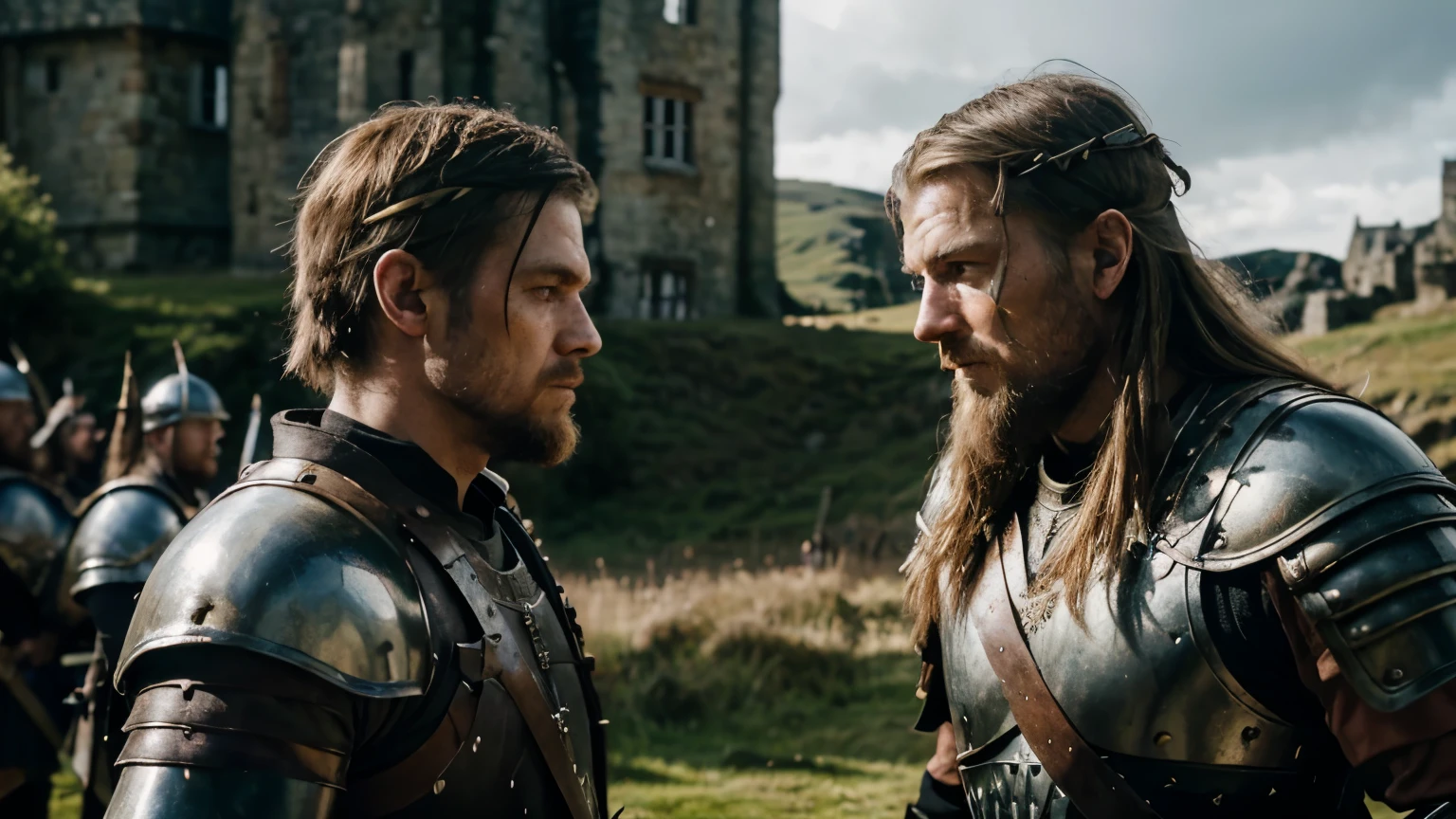 a highly detailed and dramatic scene of viking warriors facing off against english soldiers, viking warriors with intricate armor and weapons, english soldiers in historical uniforms, realistic facial features and expressions, dramatic lighting and cinematographic composition, nordic castle in the background, ultra-detailed, highly realistic, cinematic, masterpiece, 8k, photorealistic