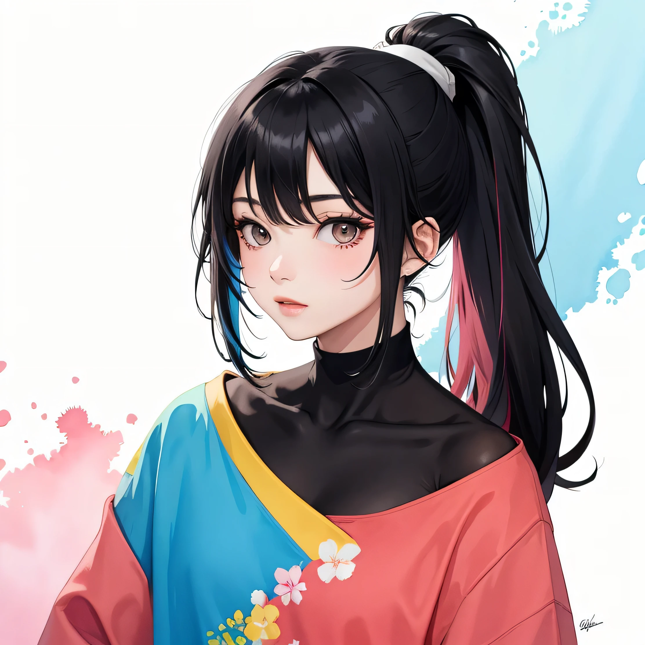 Upper Body、colorful、watercolor、Black Hair、ponytail、I'm 11 years old、Right next door、uniform、White tank top、Earrings、Big Breasts