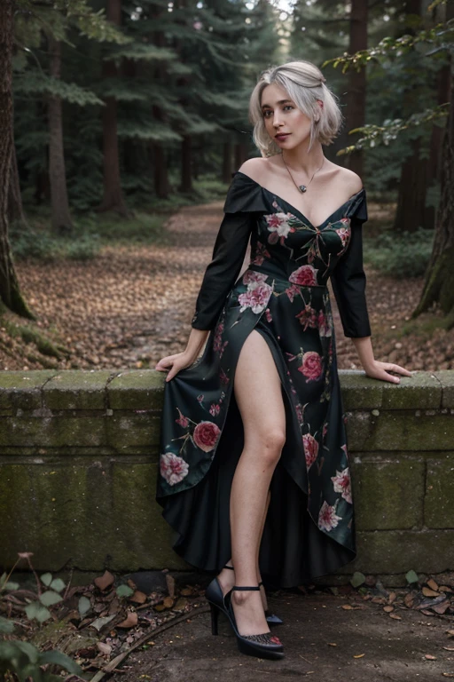 Sarafine, Emma Thompson,  Wolf, 95 years old, long, messy, platinum white gray hair, green eyes, red dress with cherry rose print, black heels, fox pendant, black fox print. Forest background aura around black color.