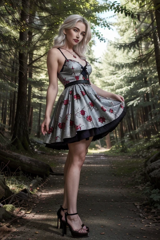 Sarafine, Emma Thompson,  Wolf, 95 years old, long, messy, platinum white gray hair, green eyes, red dress with cherry rose print, black heels, fox pendant, black fox print. Forest background aura around black color.