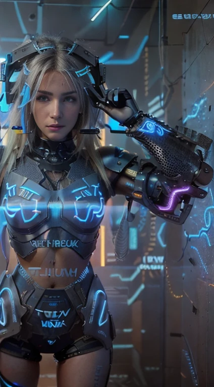 (Photorealistic:1.4) 1 beautiful girl, (((cyberpunk grey armour technological with blue neon decourations))), ((blonde straight hairs)), ultra beautiful cute, perfect, with a book that emits purple lightnings, 12k, UHD, PHOTOREALISTIC, ULTRA REALISTIC, raw photo, insane details, masterpiece, ((babe gorgeous the most beautiful in the world))