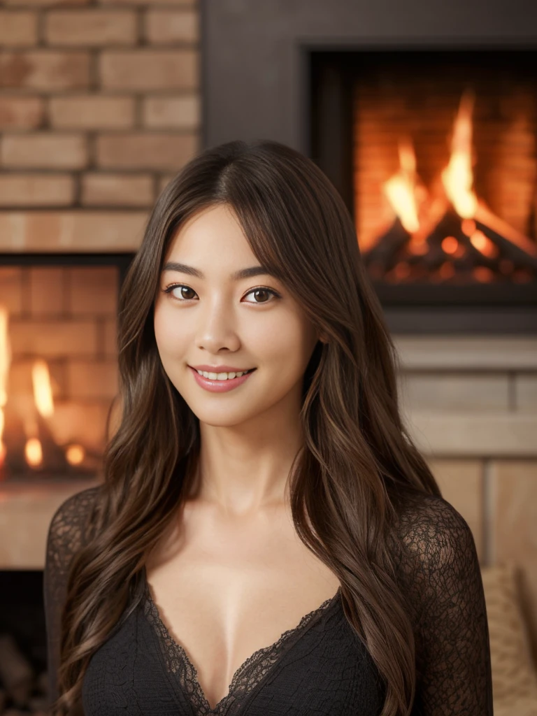 (masterpiece:1.35),(best-quality:1.4),8k,ultra-detailed,photography,(ultra-realistic:1.4), adult girl, very beautiful face, long hair, sweet eyes, beauty smile, (quite a bit body), edgbodyl, fire place background,