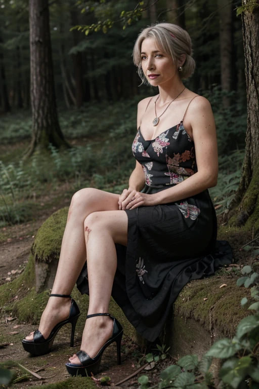 Sarafine, Emma Thompson, Teen Wolf, 95 years old, long, messy, platinum white gray hair, green eyes, red dress with cherry rose print, black heels, fox pendant, black fox print. Forest background aura around black color.