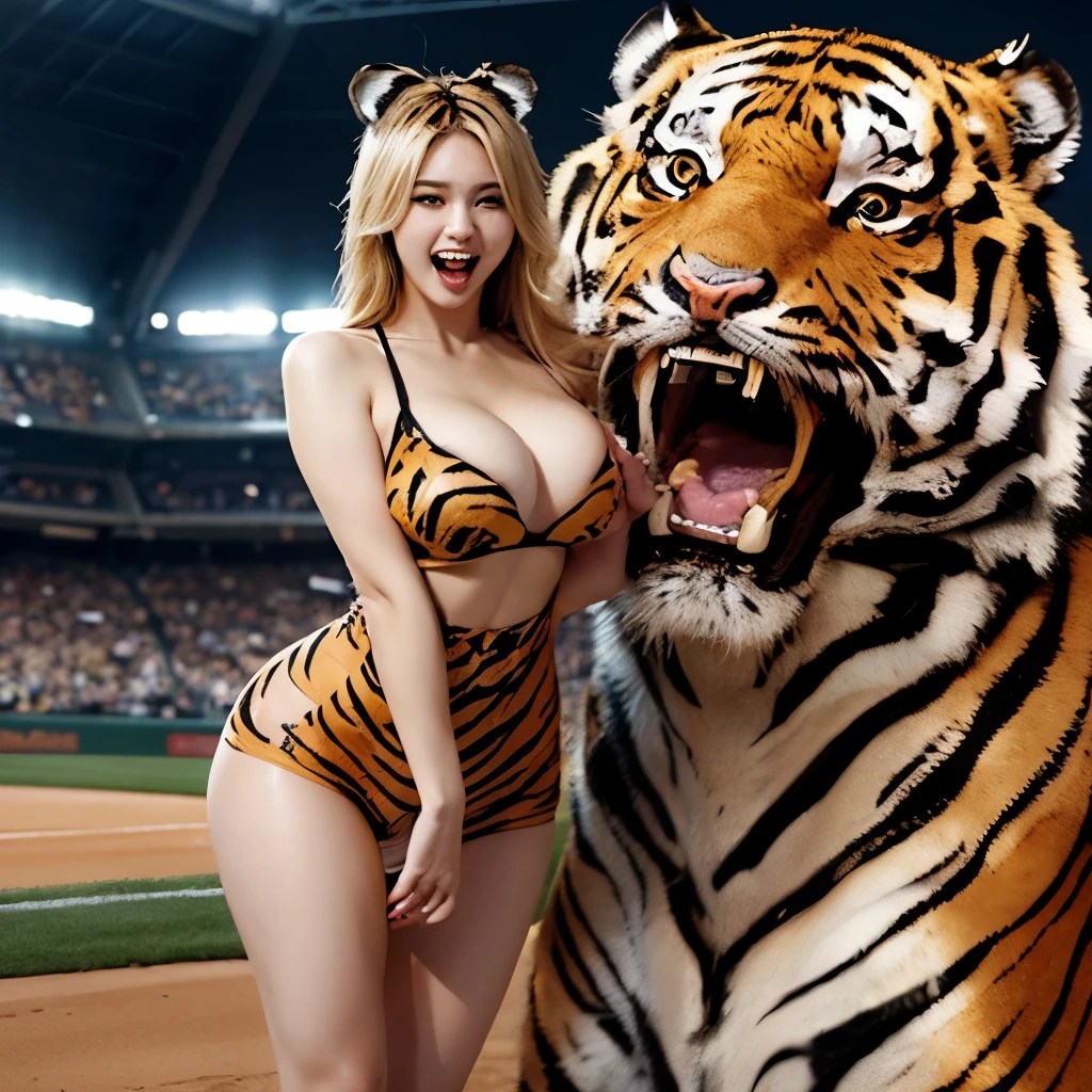 NSFW (nude) (Nami ((human)) large breasts, strip of pubic hair) vaginal penetration, fucking male furry ((andro tiger)) with red spiked penis, full body, on a deserted beach