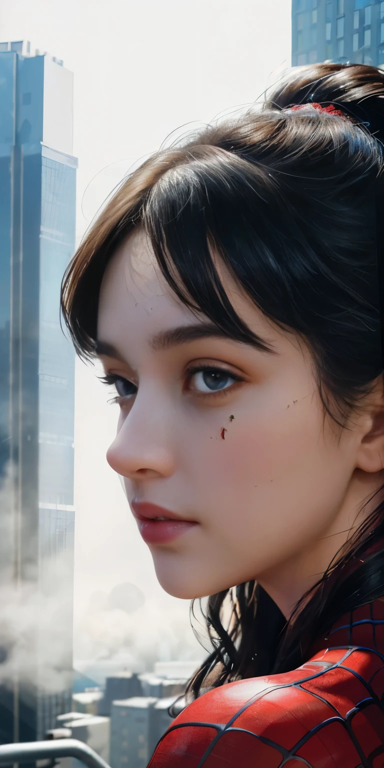 (1girl:1.3), Solo, (((Very detailed face)))), ((Very detailed eyes and face)))), Beautiful detail eyes, Body parts__, Official art, Unified 8k wallpaper, Super detailed, beautiful and beautiful, beautiful, masterpiece, best quality, original, masterpiece, super fine photo, best quality, super high resolution, realistic realism, sunlight, full body portrait, amazing beauty, dynamic pose, delicate face, vibrant eyes, (from the front), She wears Spider-Man suit, red and black color scheme, spider, very detailed city roof background, rooftop, overlooking the city, detailed face, detailed complex busy background, messy, gorgeous, milky white, highly detailed skin, realistic skin details, visible pores, clear focus, volumetric fog, 8k uhd, DSLR, high quality, film grain, fair skin, photo realism, lomography, futuristic dystopian megalopolis, translucent