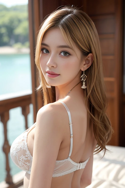 masterpiece,Highest image quality,Super Detail,best quality ,Extremely exquisite and beautiful, Very detailed,best quality, Official Art, Extremely detailed CG unified 8k wallpaper, Huang Li, Huge file size , Super detailed, Best looking,high resolution ,海边beach摄影,beach,Positive focus bodyesbian;1.5,Lace openwork bikini,Weaving,Blonde Hair, blue eyes,Bright Eyes,The most beautiful look,Beautiful dream catcher earrings,Charming smile,Blushed,Beautiful bikini,Beautiful breasts,best quality, Practical, Super detailed, Finely, high resolution, 8k wallpaper, 1 Beautiful woman, Light brown messy hair, Shiny Blonde Hair,Clear focus, Perfect dynamic composition, Beautiful and delicate eyes, Model figure,Reality, high resolution, beautiful eyes, Close your lips, Delicate face, Close-up of woman wearing white lace lingerie posing for photo, Charming and seductive, Lovely woman, Wear a white lace bikini, 带着Charming smile, Sweet and innocent, wearing sexy lingerie, Beautiful Chinese model, Sexy Girl,Beautiful breasts,Beautiful buttocks,Huge breasts,Beautiful lace bra,Beautiful lace thong,