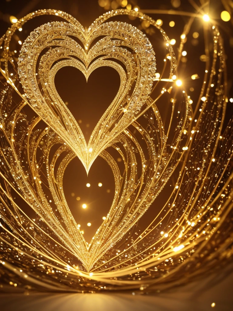 A captivating 3D rendering of a luxurious crystal heart, intricately engraved with the name - " I Love You" - in bold, cursive gold typography. The heart emits a warm, golden glow, contrasting beautifully against the backdrop of illuminated trees and twinkling gold balloons. The festive atmosphere is further enhanced by the presence of the heart, which exudes elegance and sophistication. This enchanting creation masterfully combines complex design, a celebratory ambiance, and exceptional 3D rendering, making it the perfect addition to any festive occasion. The blend of illustration, photography, product design, typography, and 3D rendering creates an unforgettable and visually captivating experience. typography, illustration, photo, product, 3d render,symetrical, glowing, neon ambiance, intricate details, spirals, diamondeffect, mirroring, inglaze 