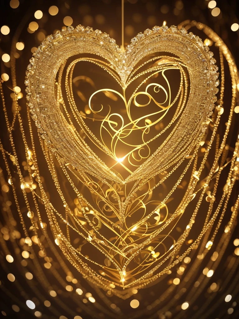 A captivating 3D rendering of a luxurious crystal heart, intricately engraved with the name - " I Love You" - in bold, cursive gold typography. The heart emits a warm, golden glow, contrasting beautifully against the backdrop of illuminated trees and twinkling gold balloons. The festive atmosphere is further enhanced by the presence of the heart, which exudes elegance and sophistication. This enchanting creation masterfully combines complex design, a celebratory ambiance, and exceptional 3D rendering, making it the perfect addition to any festive occasion. The blend of illustration, photography, product design, typography, and 3D rendering creates an unforgettable and visually captivating experience. typography, illustration, photo, product, 3d render,symetrical, glowing, neon ambiance, intricate details, spirals, diamondeffect, mirroring, inglaze 