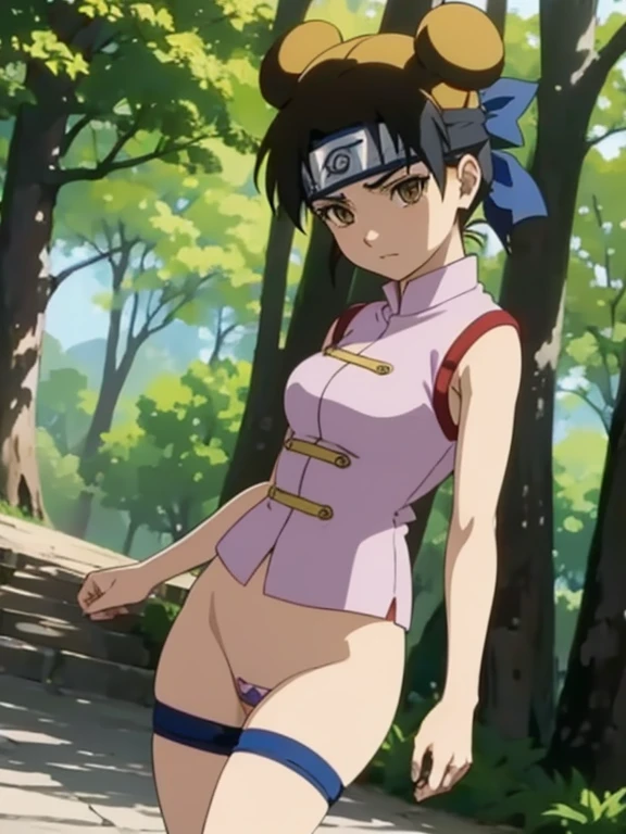 anime detallado, realista,, chica detallada, Tenten ,Hermosa figura, Piernas largas, pecho mediano, hermoso rostro, escena de combate, (luchar), estilo animado, vistoso, perceptual lighting