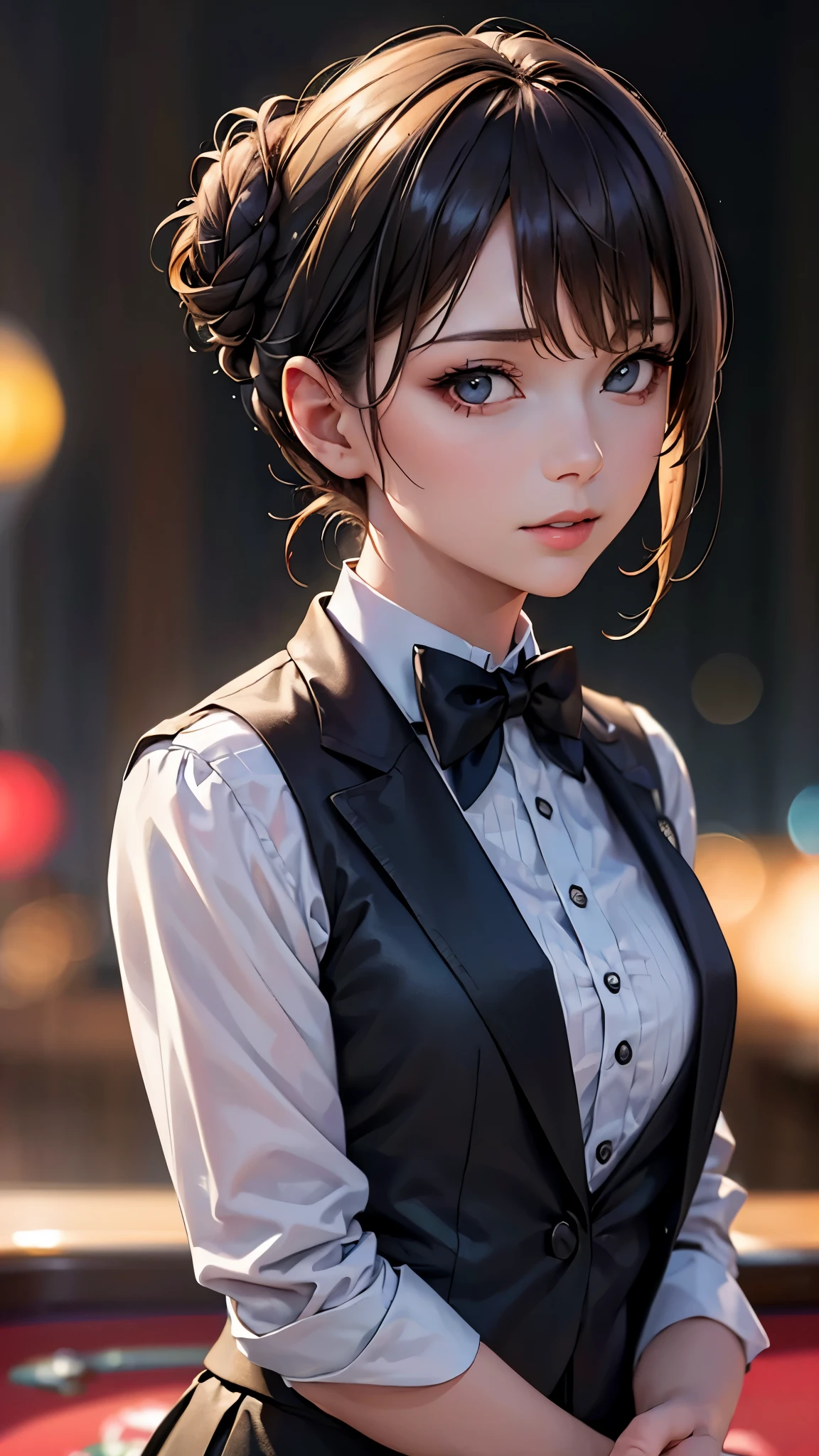 (best quality, 4k, 8k, highres, masterpiece:1.2), ultra-detailed, (realistic, photorealistic, photo-realistic:1.37), HDR, UHD, studio lighting, ultra-fine painting, sharp focus, physically-based rendering, extreme detail description, professional, vivid colors, bokeh, portrait, 1 girl, ((short hair, braid bun)), (casino croupier),((casino uniform)),Tuxedo, vest, jacket, bow-tie, skirt