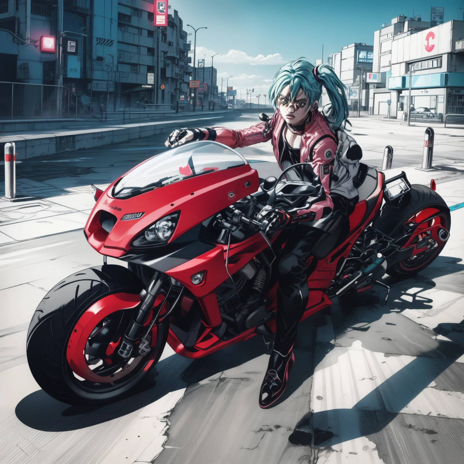 Sitting on a pink motorcycle, sitting on cyberpunk motorbike, akira motorcycle, Hatsune Miku Cosplay,  riding a futuristic motorcycle,  akira's motorcycle,Pink Theme, anime cyberpunk, akira motorcycle, Mikudayo, cyberpunked, anime art vehicle concept art,nightcity、background of night view