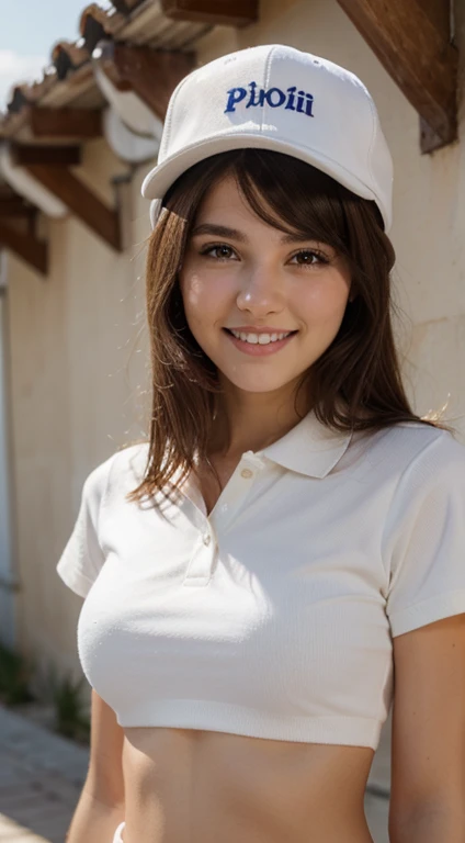 cute 22 year old girl, sonriente, gorra blanca, falda cora blanca, polo escotado blanco, cabello celeste, pechos grandes, piel blanca.
