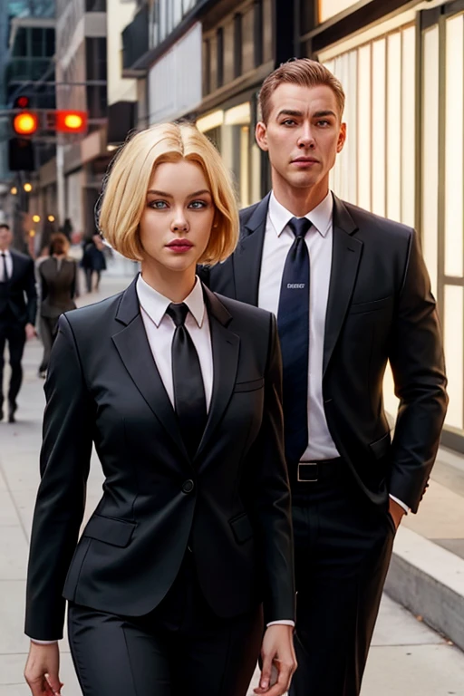 masterpiece, high quality, best quality, realistic, fine detail, formal black suit, black necktie, MIBSuit, white shirt, Black Suit, Black Jacket Coat, Formal Look, large breasts, (muscular female:0.8), portrait, upper body, blank background, Agent L, blue eyes, blonde hair, short hair, bob hair, black suit, black jacket, stealing a LAPD Police Uniform from a female officer and left her unconscious