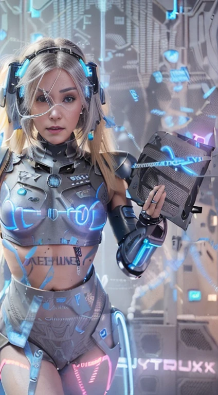 (Photorealistic:1.4) 1 beautiful girl, (((cyberpunk grey armour technological with blue neon decourations))), ((blonde straight hairs)), ultra beautiful cute, perfect, with a book that emits purple lightnings, 12k, UHD, PHOTOREALISTIC, ULTRA REALISTIC, raw photo, insane details, masterpiece, ((babe gorgeous the most beautiful in the world))