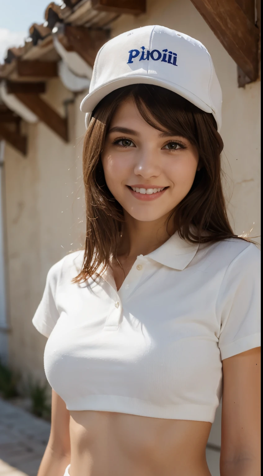 cute 22 year old girl, sonriente, gorra blanca, falda cora blanca, polo escotado blanco, cabello celeste, pechos grandes, piel blanca.