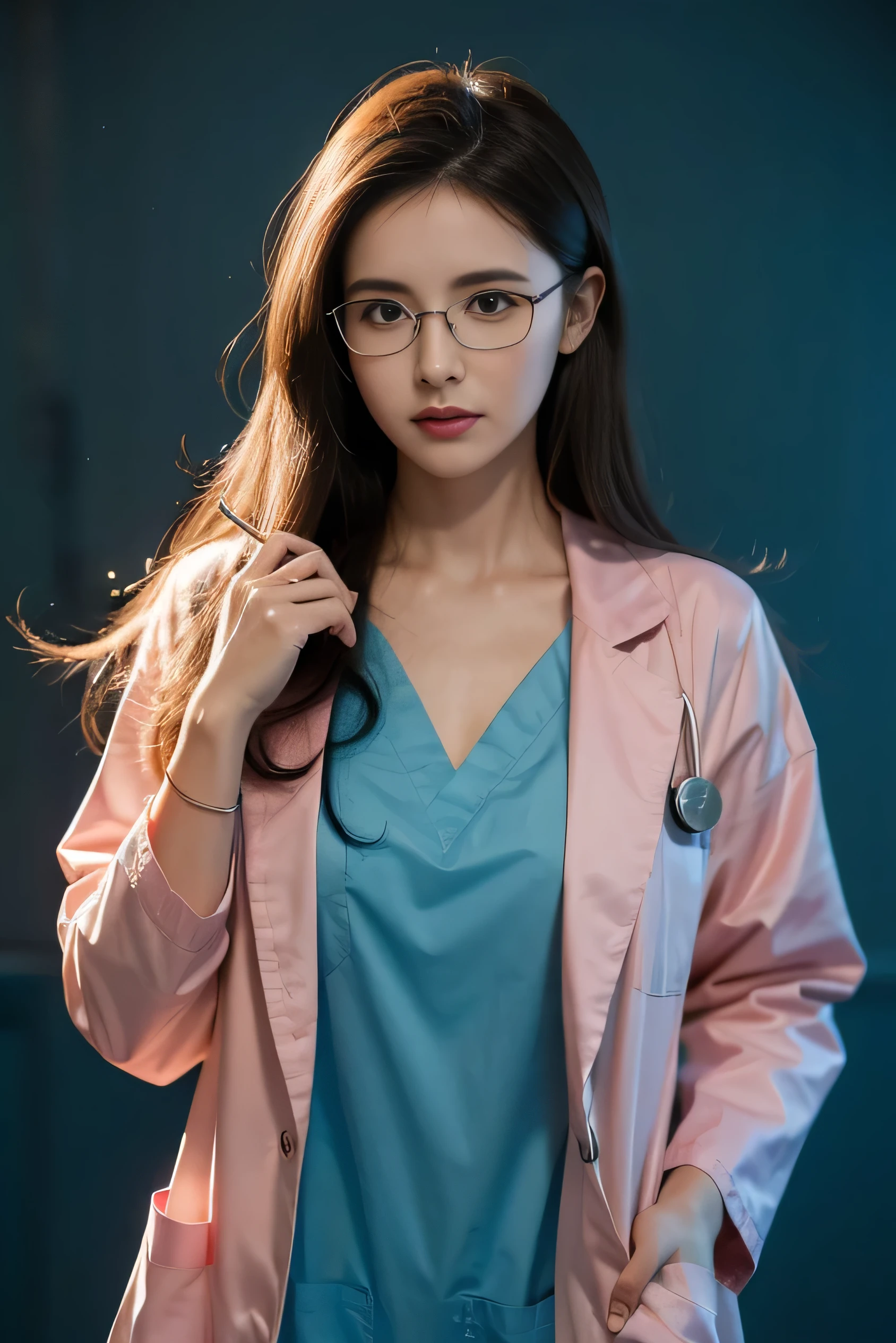 vibrant colors, female, masterpiece, sharp focus, best quality, depth of field, cinematic lighting, labcoat over scrubs, hospital exam room, stethoscope, long hair, eyeglasses, simple background