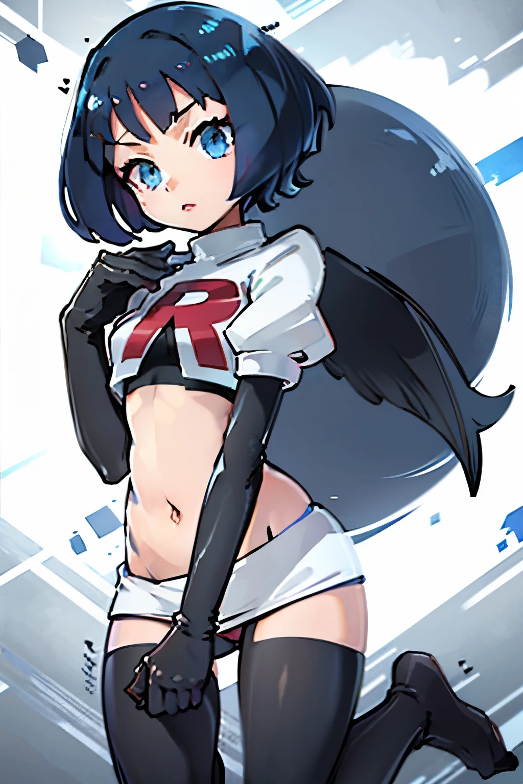 Erica、Pokémon、Black Hair、Short Hair、Medium chest、Bedroom、One girl、((stockings))、(Long gloves)、Leg spread、(Team Rocket)、Ribbon on head、(Black Panties)