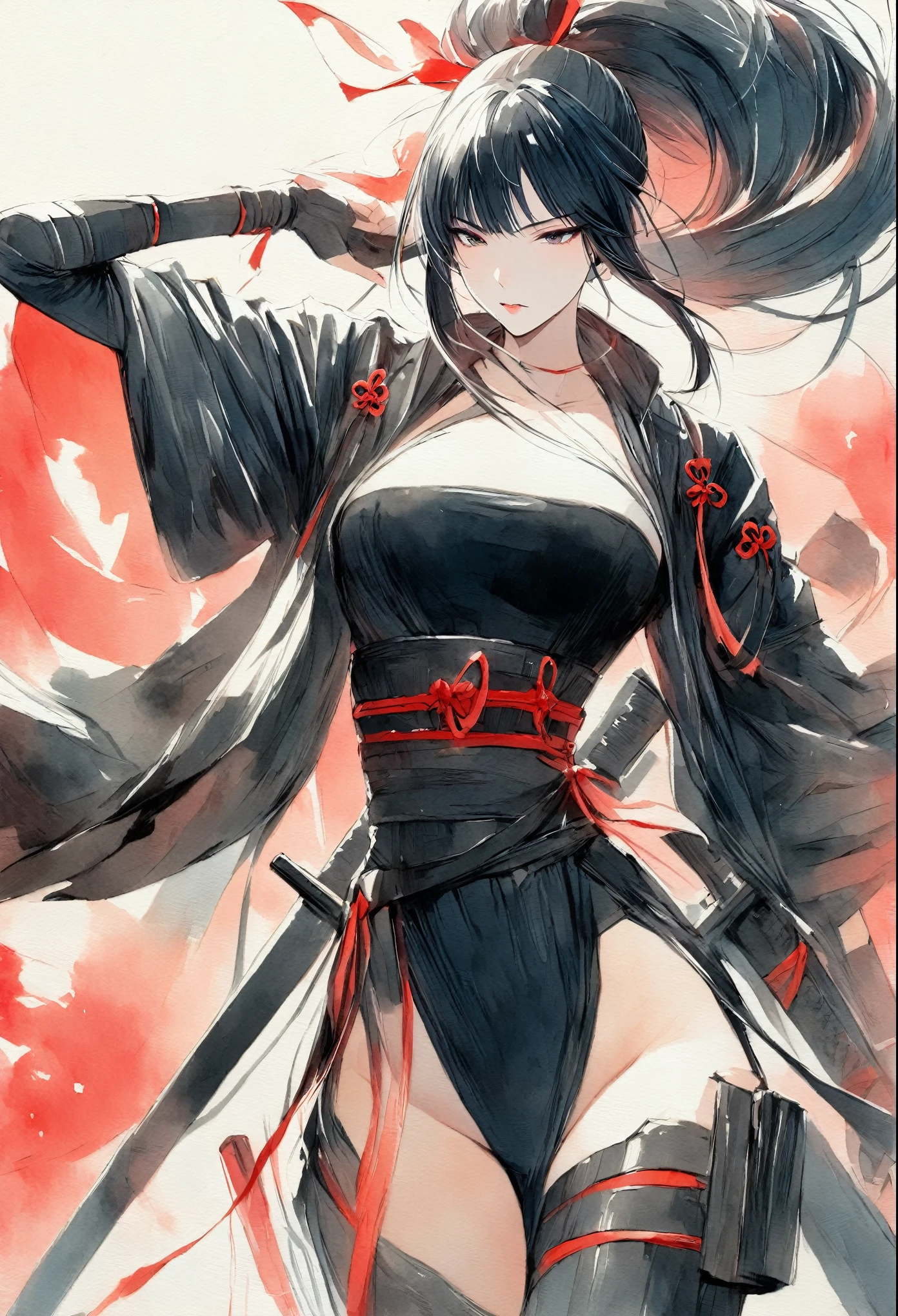 masterpiece, Best quality, Drawing of a black-haired futuristic female ninja illustration, watercolor (medium), 1girl, breast, Dressed in sophisticated modern ninja costumes，Equipped with traditional and technological weapons. She has long black hair，Tied with a red ribbon and a symbol。She must be wearing a high-end black outfit with red accents，These include letters. She was holding a sword，The hilt and scabbard have intricate patterns. The background is the Edo period, Five fingers.