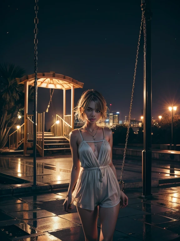 One adult person nude on a swingset playground during a lluviay night. vista frontal, Al fondo se puede ver el horizonte de la ciudad.. La persona tiene una postura encorvada que parece derrotada.. Having a sad expression his clothes are completely wet., agua goteando de ella. (lluvia:1), persona mirando hacia el suelo derrotada, Deprimido,
ROMPER