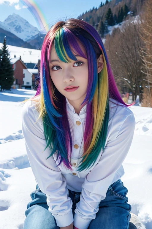 25 ans, ((detailed face, colorful rainbow hair:1.2)), yeux bleus, delicate, poudre de contour, sexy, French touch, cheveux de longueur moyenne, grains de beauté, sourire romantique, Seductive look, bonne couverture, éclairée par les flashs des photographes, skin details, pores de la peau, Appareil photo numérique Kodak Smile 10MP, cheveux moyens, rougit, (des mains parfaites), posant dans la neige, assise dans la neige, paysage alpin enneigé, manches en laine, jean, chemisette ouverte, tenue fashion